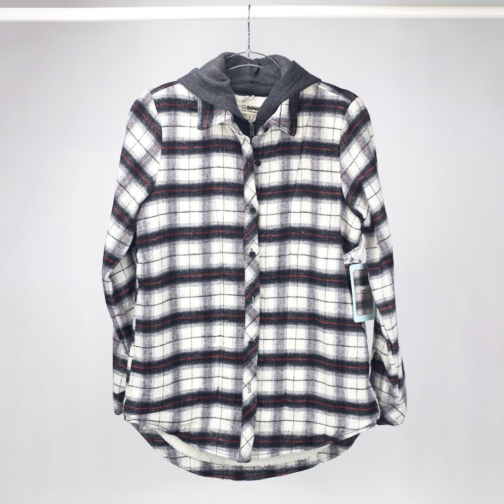 CI SONO | PLAID SHIRT/JACKET W/SHERPA LINED ZIP/BUTTON HOODED IVORY/BLACK SIZE S